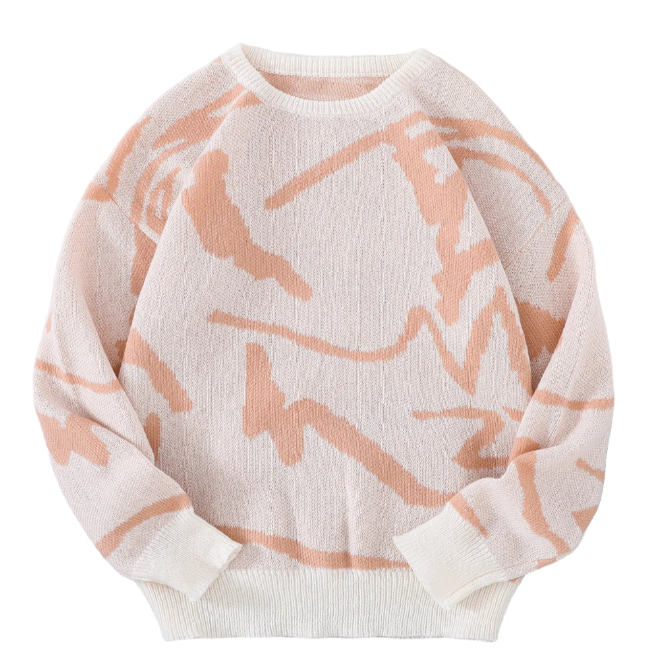 White sweater with pink abstract patterns on a white fur surface