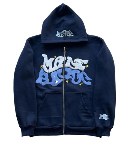 Navy blue hoodie with white and blue text design on a gray surface
