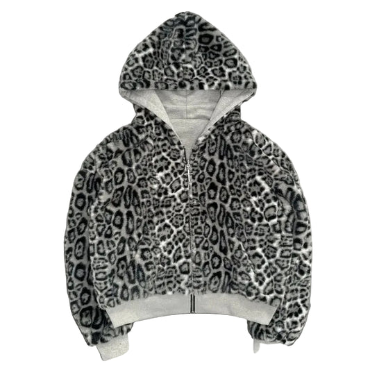 Leopard print hoodie on a gray background