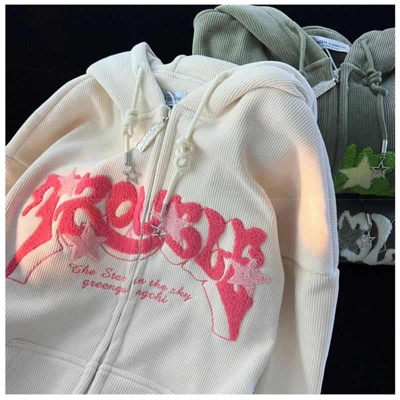 Hoodies with 'Rouge' text in pink on a white background