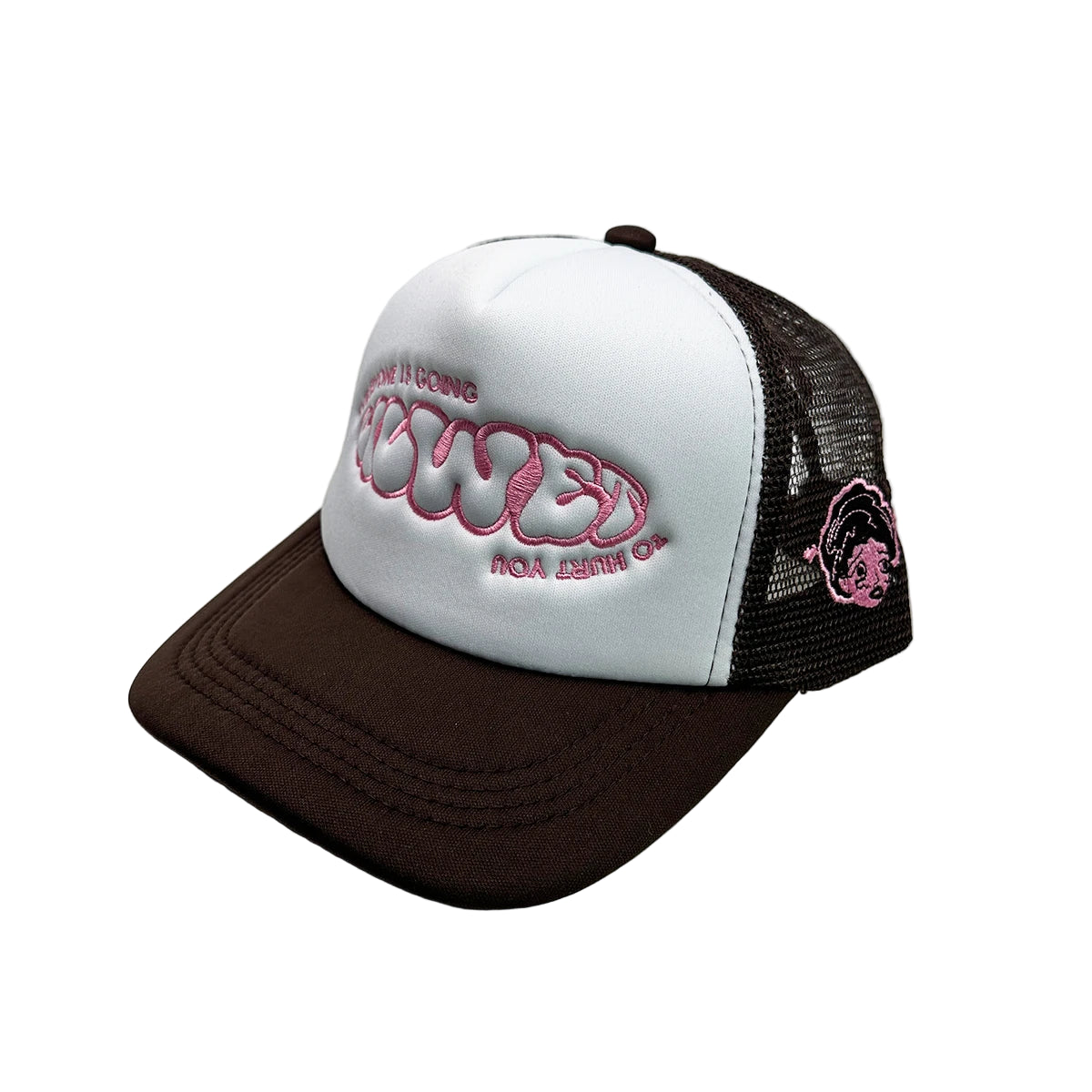 White and brown cap with pink logo on a white surface