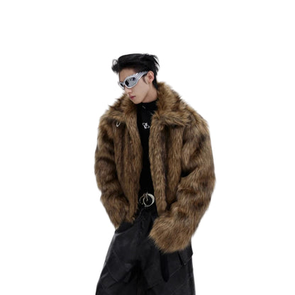 Person wearing a fur coat and sunglasses on a white background