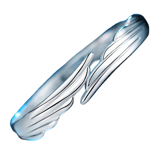 Silver bracelet with feather design on a blue background