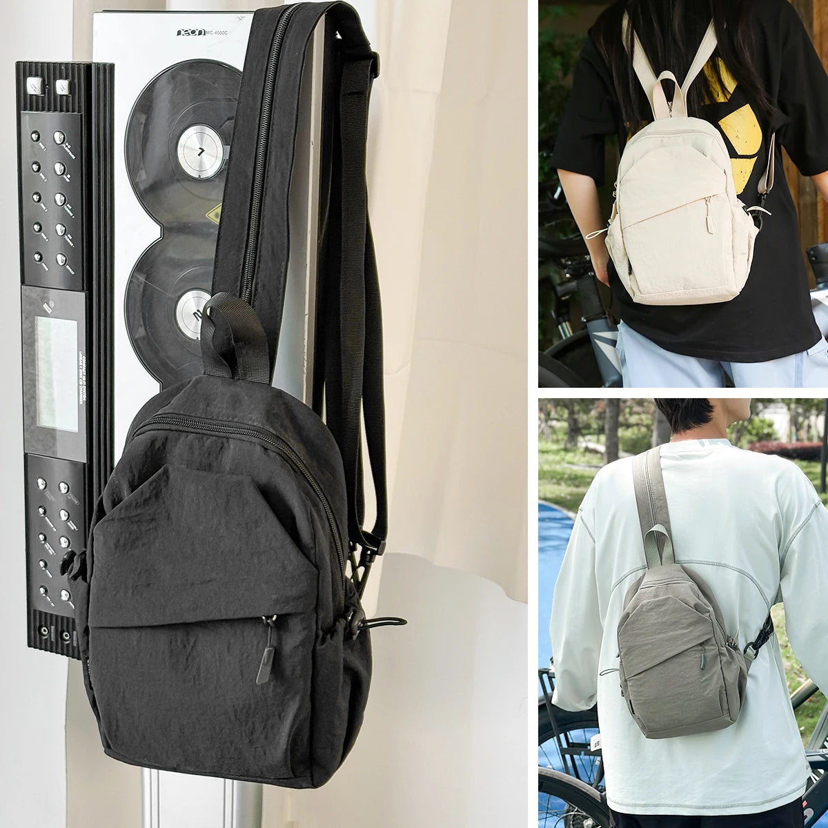Collage of a black backpack, a beige backpack on a person, and a gray crossbody bag.
