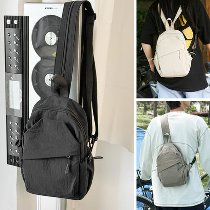 Collage of a black backpack, a beige backpack on a person, and a gray crossbody bag.