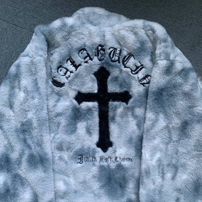 Gray tie-dye hoodie with a black cross and text on a dark background