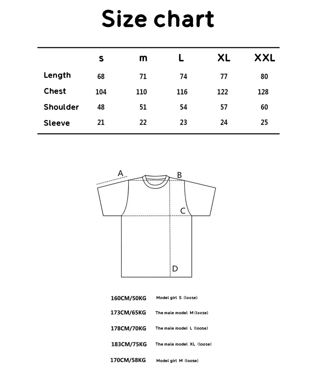 Size chart for shirts with measurements in centimeters
