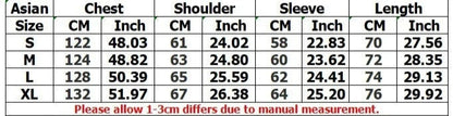 Clothing size chart with measurements in centimeters and inches