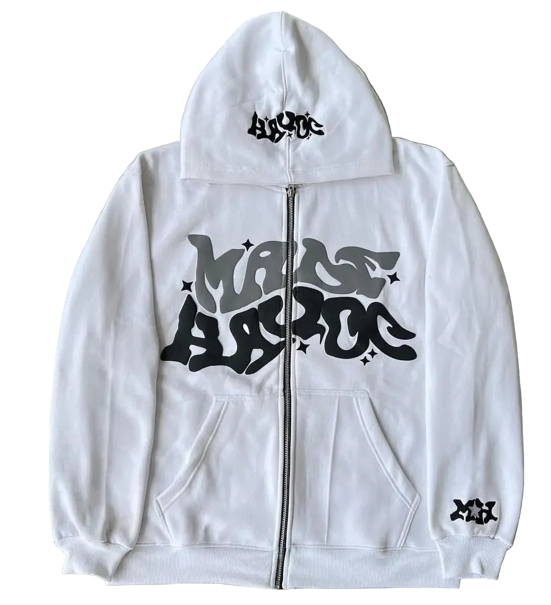 White hoodie with black graphics on a gray background