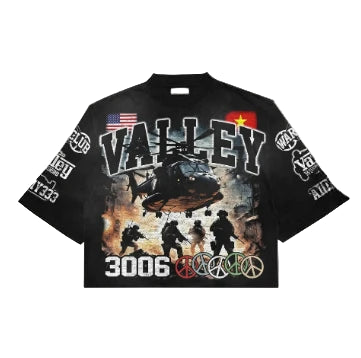 Black t-shirt with military-themed graphics and text on a gray background