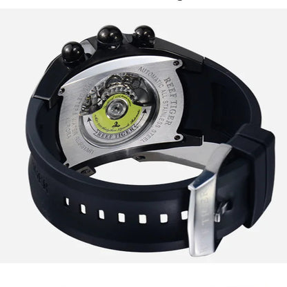 Close-up of a black watch with a rose gold buckle on a white background