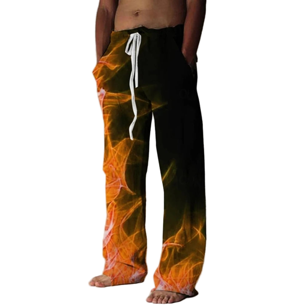 Person wearing a pair of pants with a fiery design on a plain background